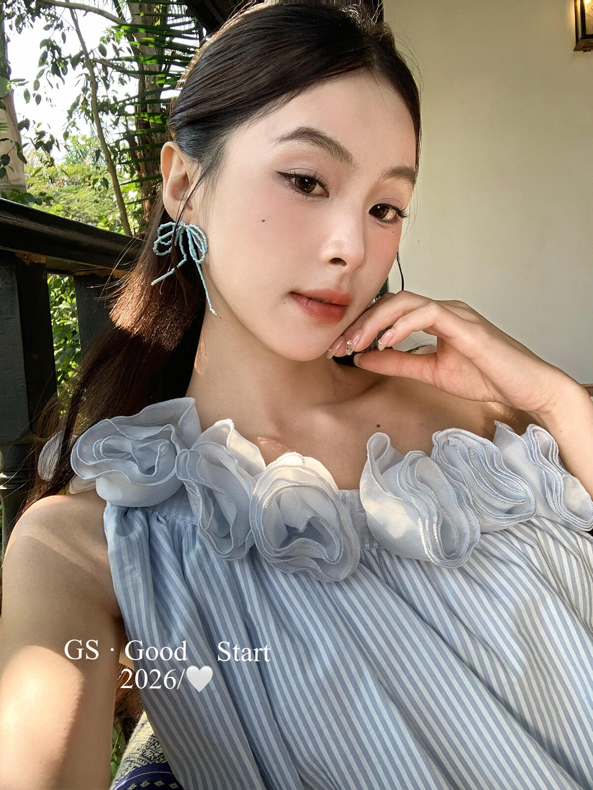 【LD0358W】法式溫柔仙女系🌸立體花朵條紋斜肩無袖上衣260323