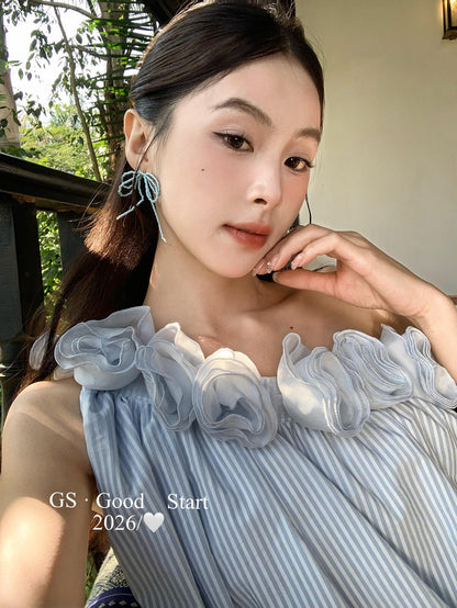 【LD0358W】法式溫柔仙女系🌸立體花朵條紋斜肩無袖上衣260323