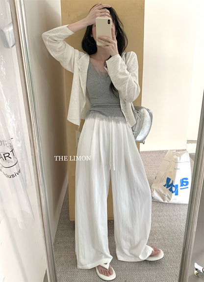 【L8501】實拍檸檬簡約舒適抽繩闊腿褲250414