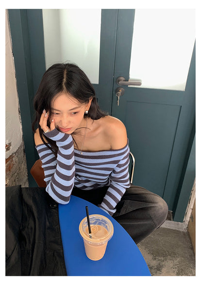 【H5399】實拍韓系簡約氣質一字領露肩針織衫250902