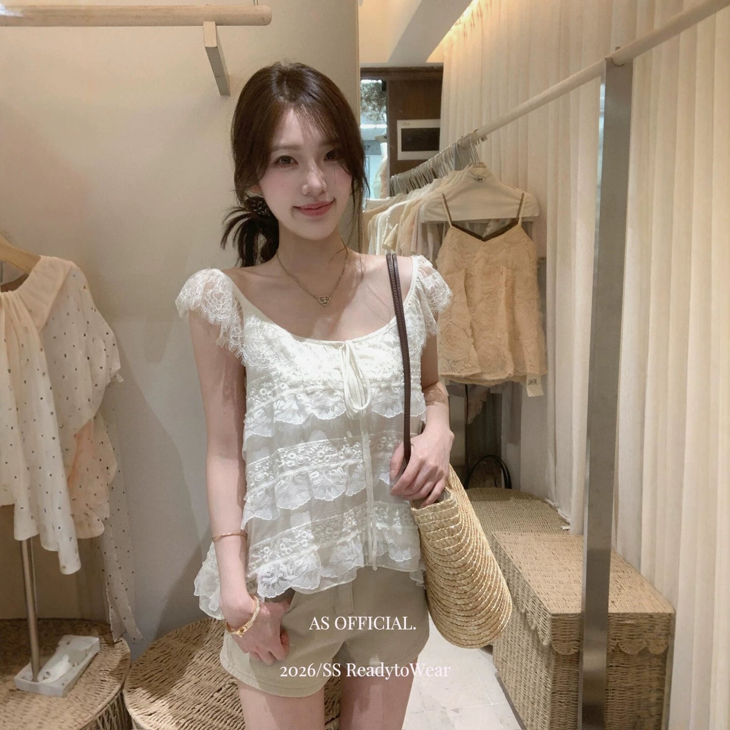 【L27010】韓系甜美純慾風🎀重工蕾絲多層荷葉邊綁帶無袖上衣260526