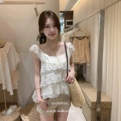 【L27010】韓系甜美純慾風🎀重工蕾絲多層荷葉邊綁帶無袖上衣260526