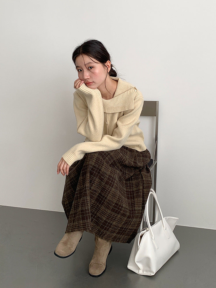 【LD11002】實拍秋冬法式設計感斜領針織毛衣外套251110