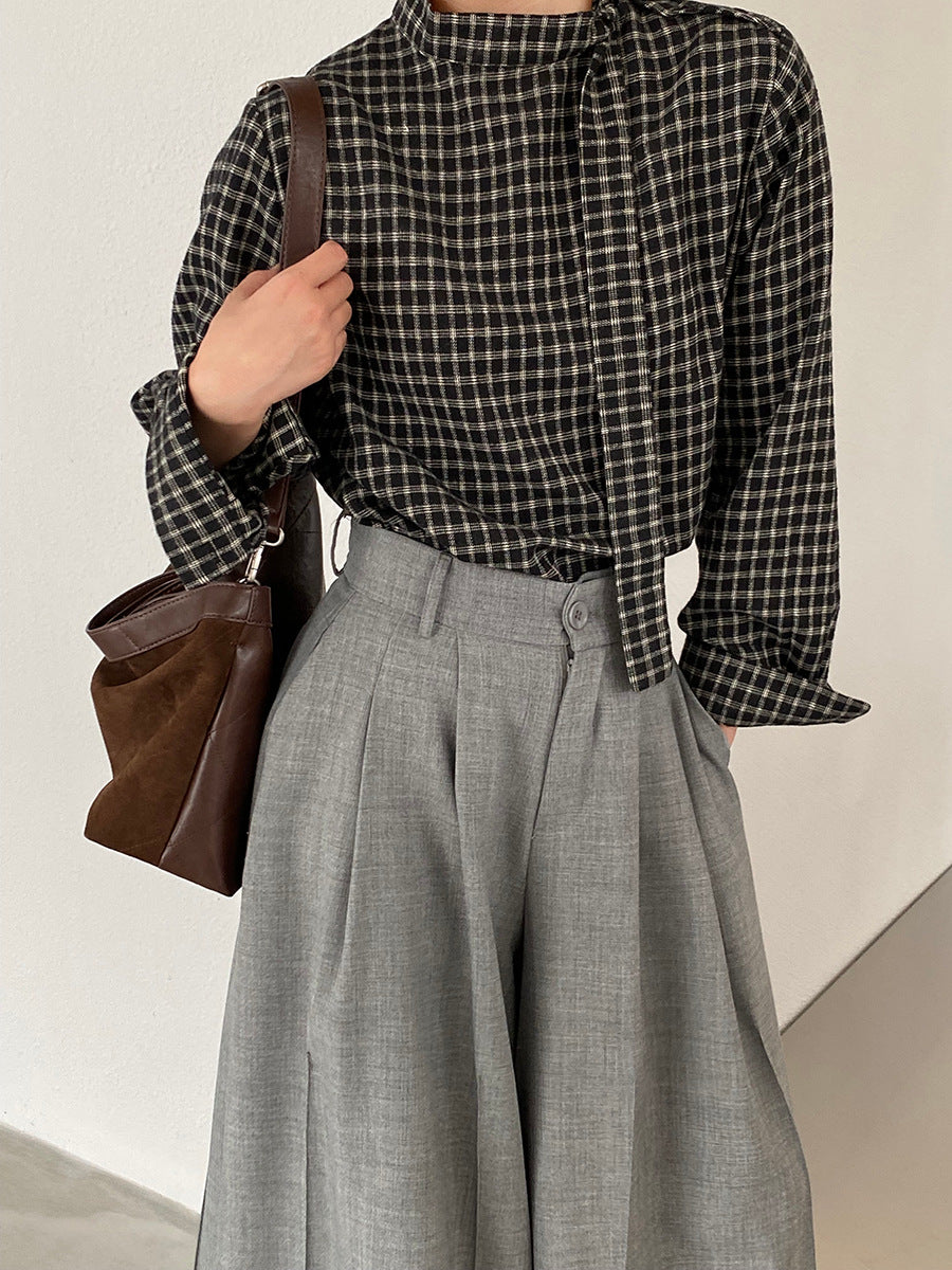 【cim1695】實拍法式磨毛領結氣質格子襯衫251030