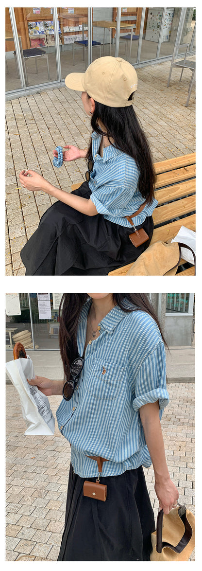 【H5222】實拍夏季休閒復古｜條紋口袋刺繡短袖襯衫＋髮圈250429