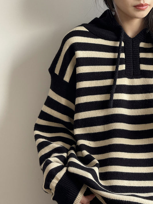 【Y899】實拍冬季條紋針織連帽毛衣251106