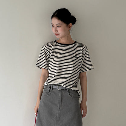 【LD11235】實拍韓系清新氧氣感🍃經典百搭條紋刺繡圓領短袖T恤260414