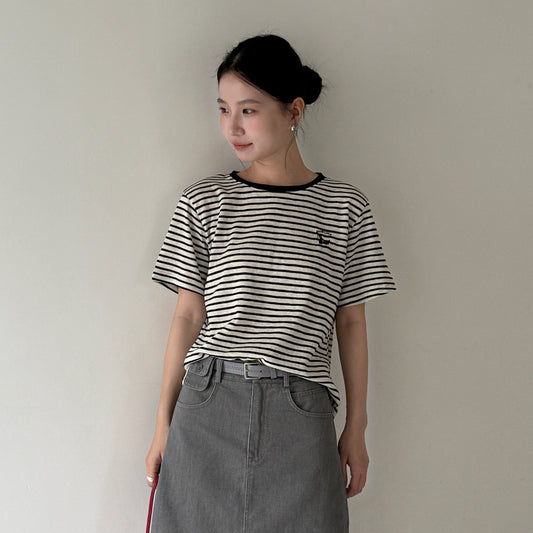 【LD11235】實拍韓系清新氧氣感🍃經典百搭條紋刺繡圓領短袖T恤260414