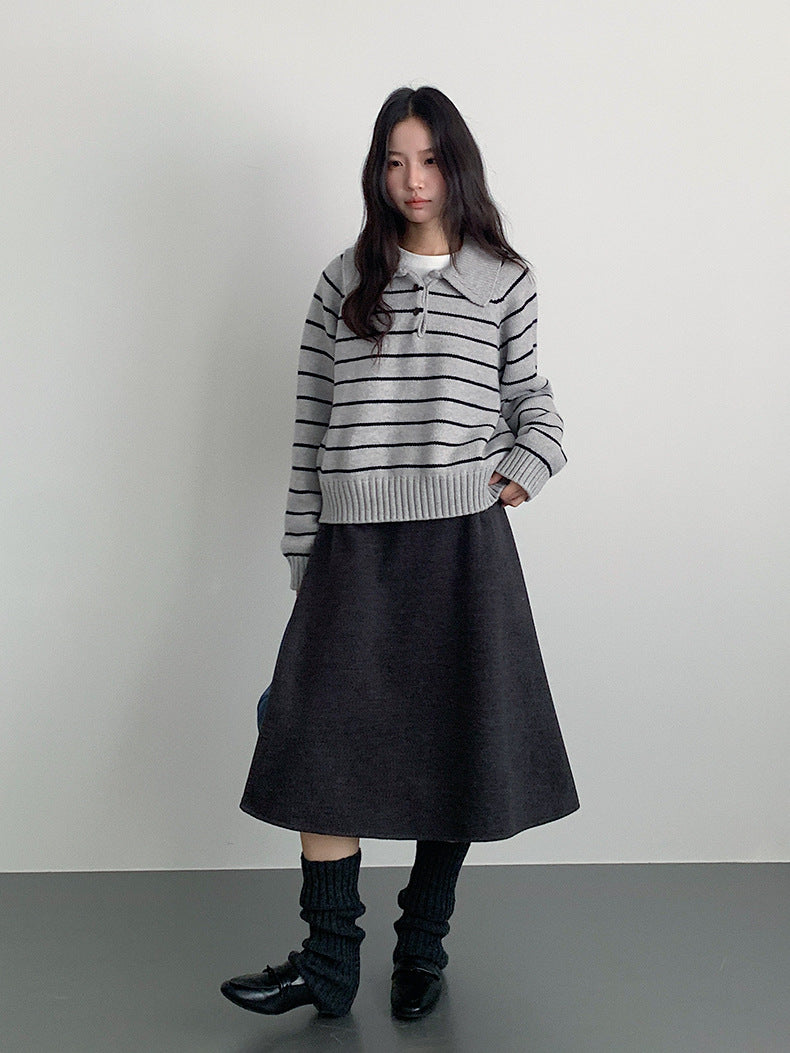 【LD11070】實拍氣質毛呢A字傘裙＋腰帶251209