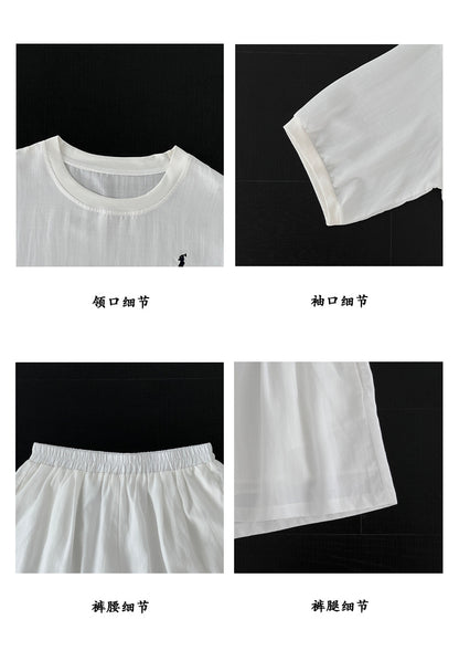 【cimz66173】老錢風休閒穿搭☕小馬刺繡防曬棉麻五分袖上衣+短褲兩件套260612