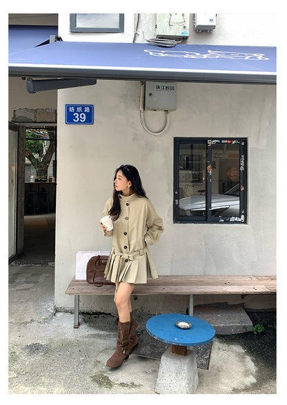 【H5400】實拍韓系慵懶卡其立領收腰風衣外套250902