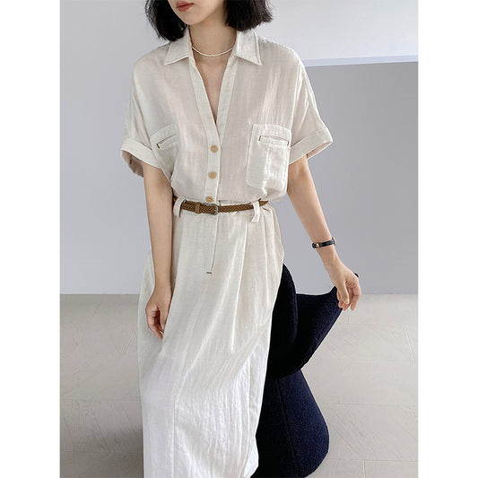【cimz1606】實拍極簡老錢風☕高級感亞麻短袖洋裝 (附皮帶)260311
