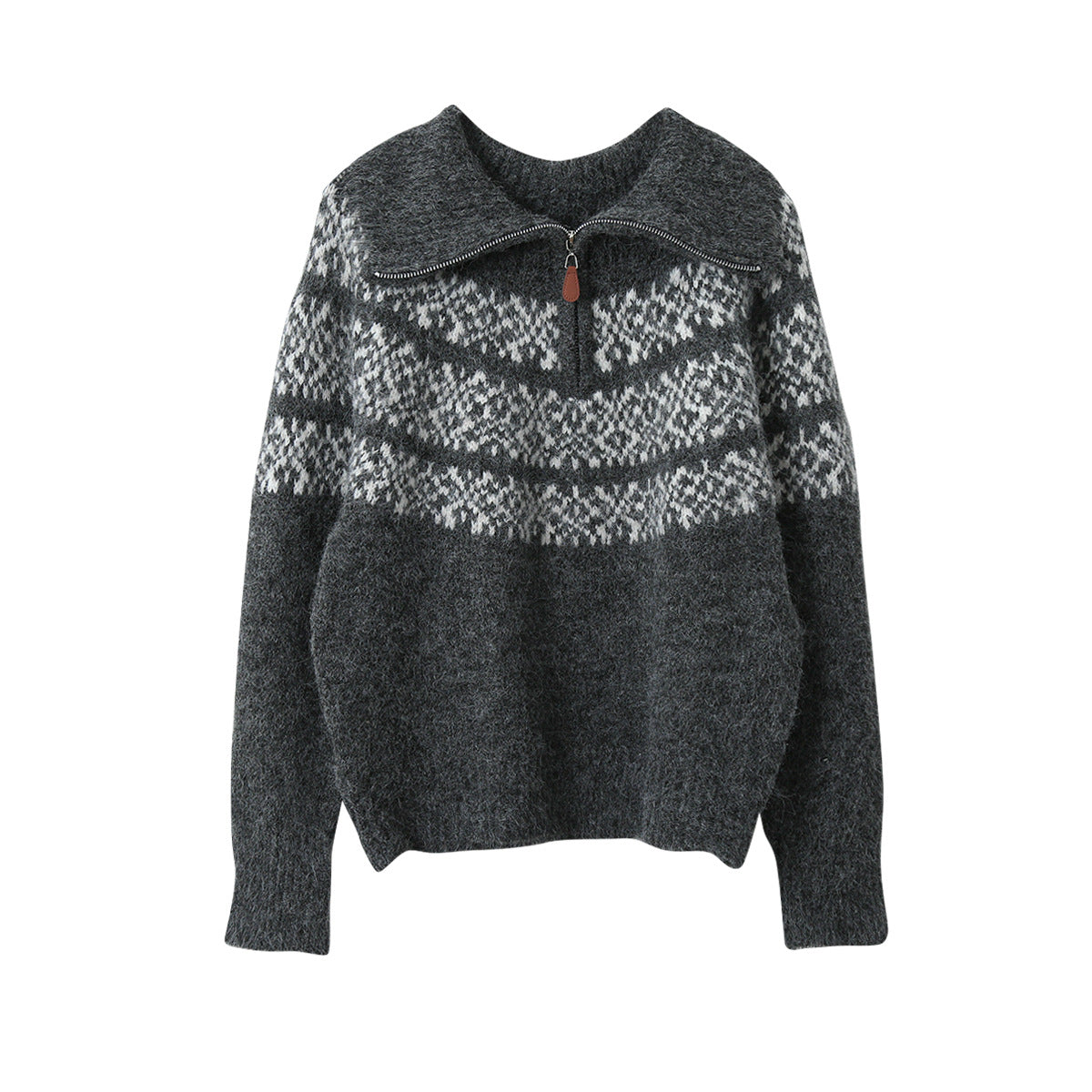 【LD11004】實拍兔絨毛混紡費爾島針織毛衣半拉鏈大翻領251110