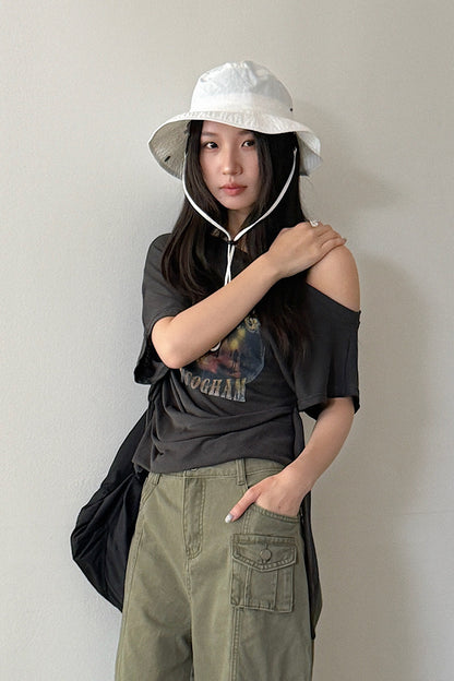 【LD11353】美式街頭微性感💋字母印花綁帶斜肩修身短袖T恤上衣260622