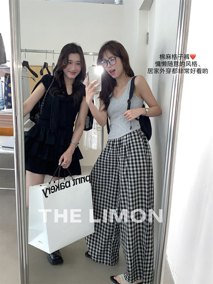 【L8750】實拍檸檬家 夏季格紋棉麻闊腿褲｜有口袋寬版鬆緊褲頭250519