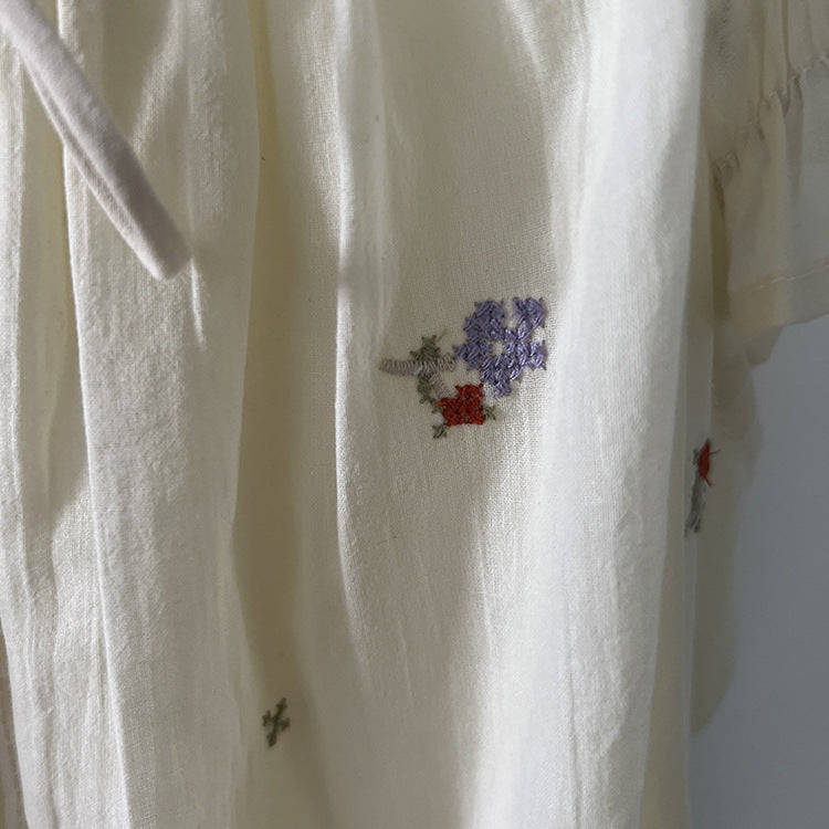 【LD11398】溫柔甜美仙女系🌸韓系氣質刺繡綁帶一字領短袖上衣/襯衫260720