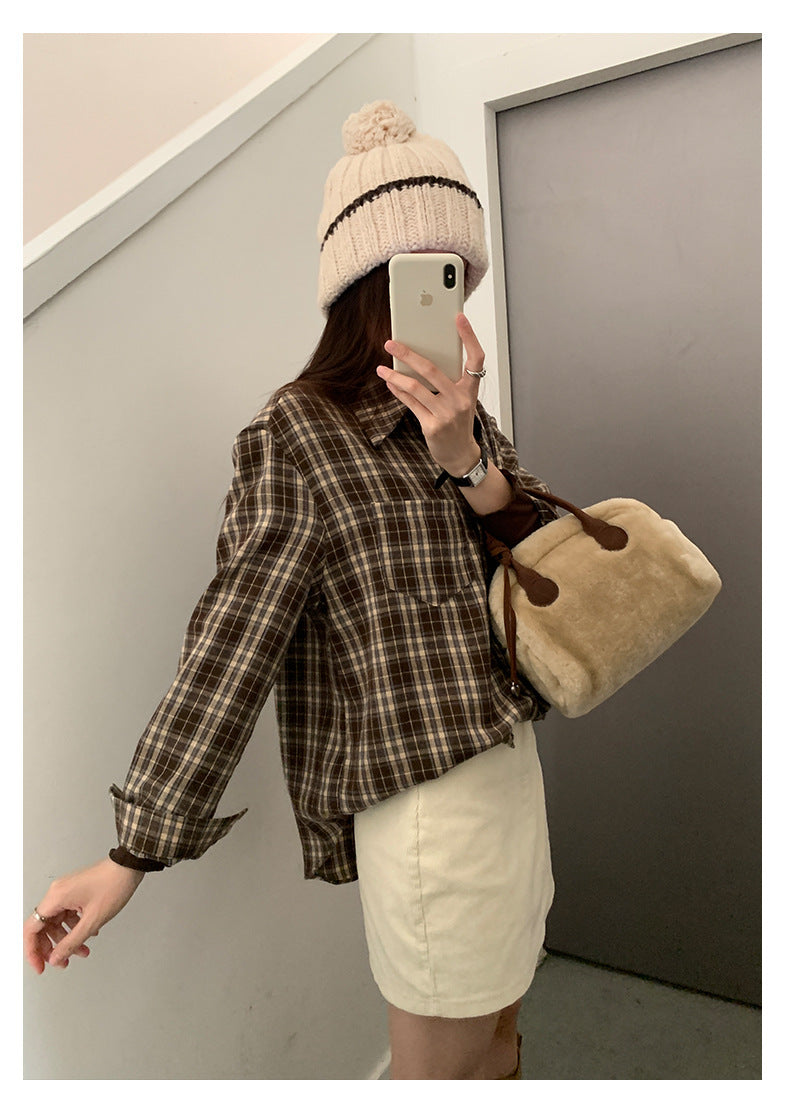 【H570】實拍復古寬鬆毛呢格子襯衫外套251021