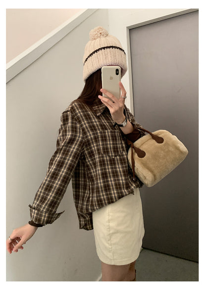 【H570】實拍復古寬鬆毛呢格子襯衫外套251021