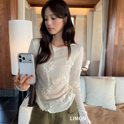 【LTM1800】檸檬早秋韓系高質感立體花朵刺繡網紗圓領長袖上衣260728
