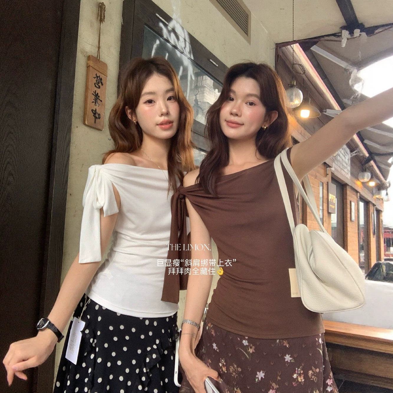 【L10708】氣質微性感款！夏季法式百搭斜肩/單肩綁帶短袖上衣/T恤260602