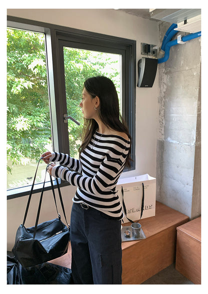 【H5399】實拍韓系簡約氣質一字領露肩針織衫250902