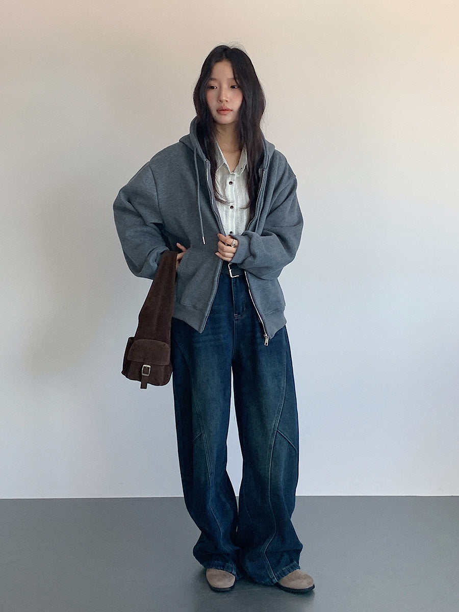 【LD11030】實拍冬季慵懶加絨加厚連帽衞衣外套251124