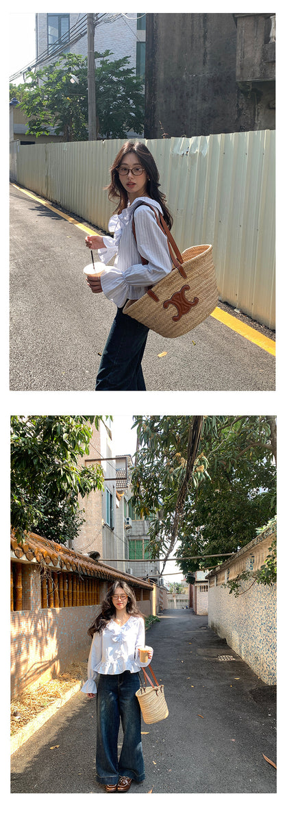 【H5009】實拍早春韓系荷葉V領泡泡袖襯衫250210