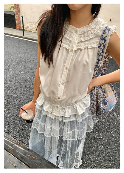 【H525】實拍夏天韓國氣質小荷葉無袖襯衫250513