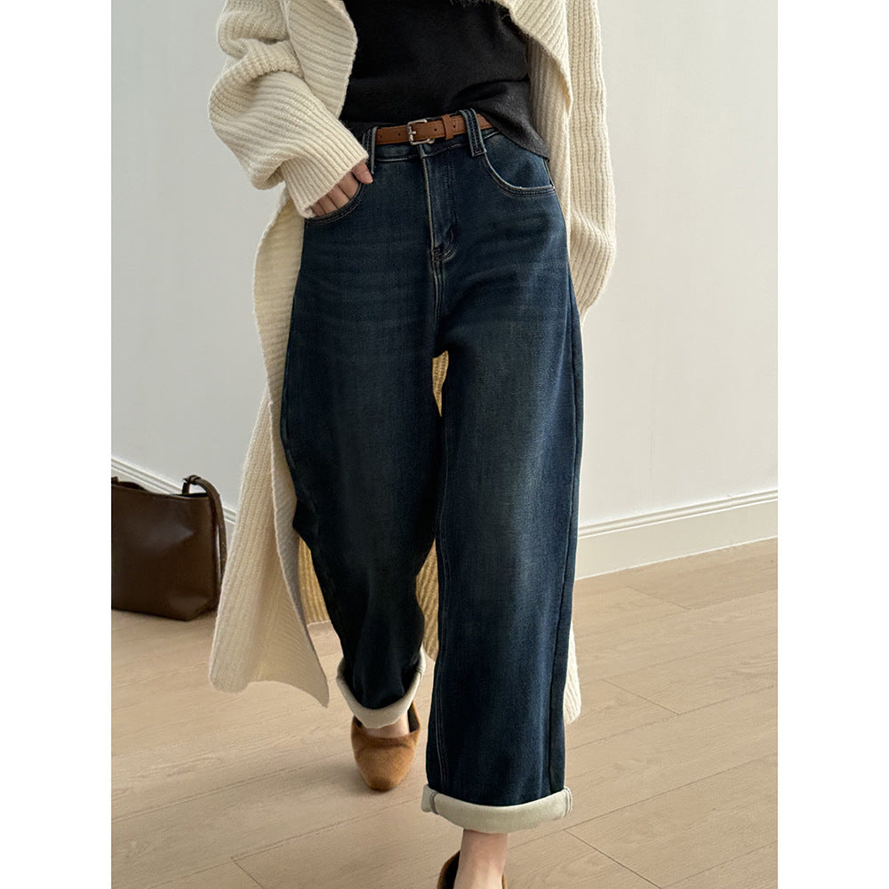 【Y98395】實拍S~XL復古加絨直筒牛仔褲含腰帶251106