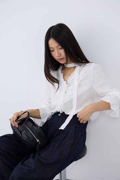 【LD3160】實拍法式氣質荷葉長袖襯衫飄帶250908