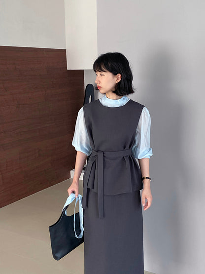 【cimz1185】高智感氣場✨高品質顯瘦西裝無袖馬甲背心+長裙套裝(附腰帶)260319