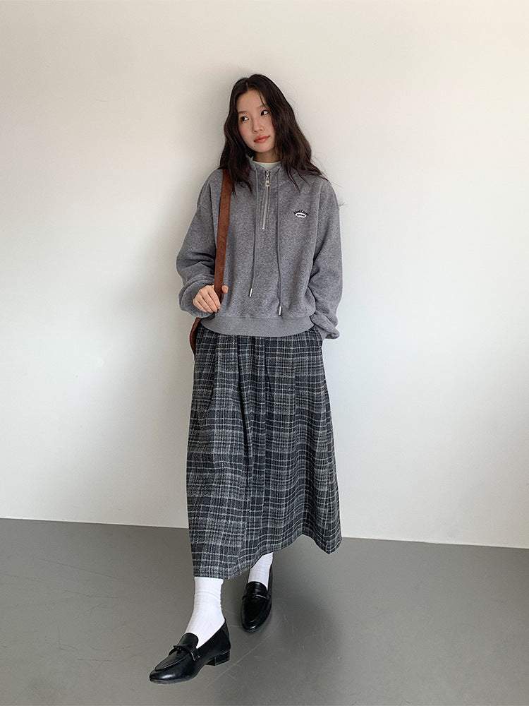 【LD11008】實拍復古毛呢格子高腰a字裙(左右有口袋）251110