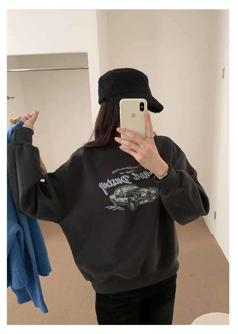 【H573】實拍美式汽車印花寬鬆圓領衛衣251021