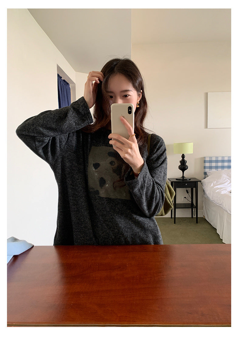 【H5499】實拍 復古磨毛狗狗印花長袖T恤251118