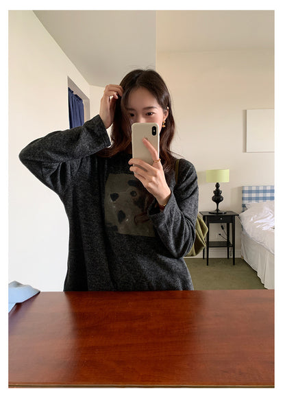 【H5499】實拍 復古磨毛狗狗印花長袖T恤251118