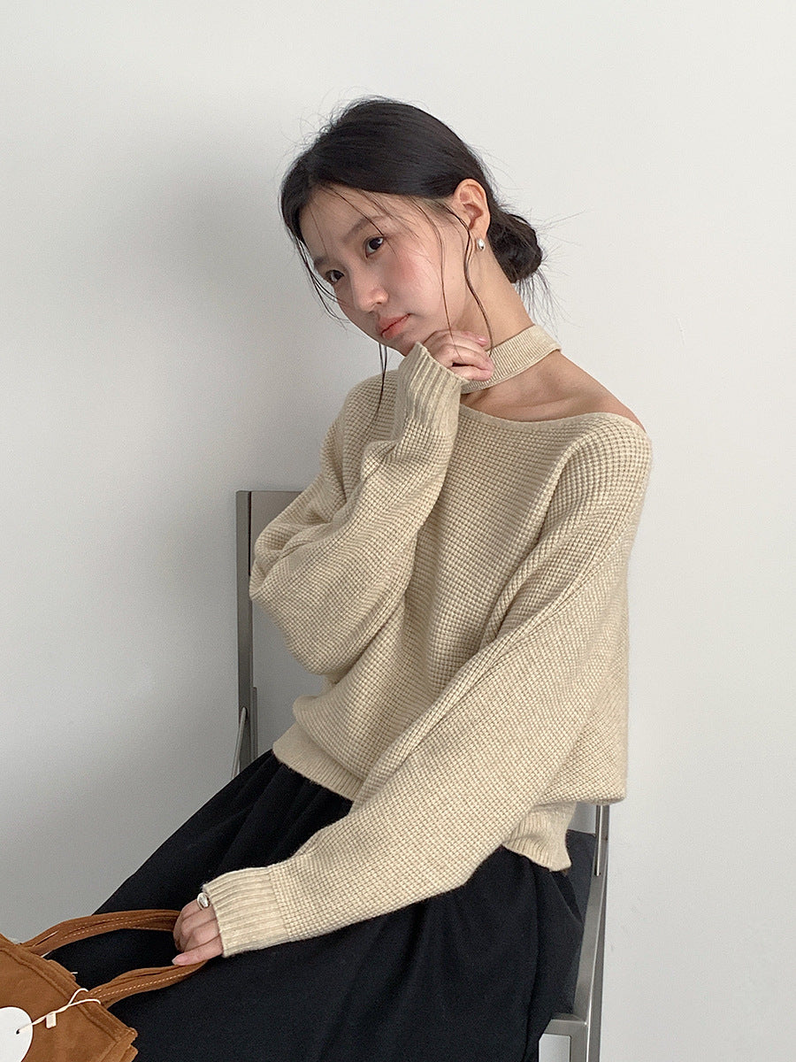 【LD11029】實拍韓系掛脖鏤空露肩針織毛衣251124