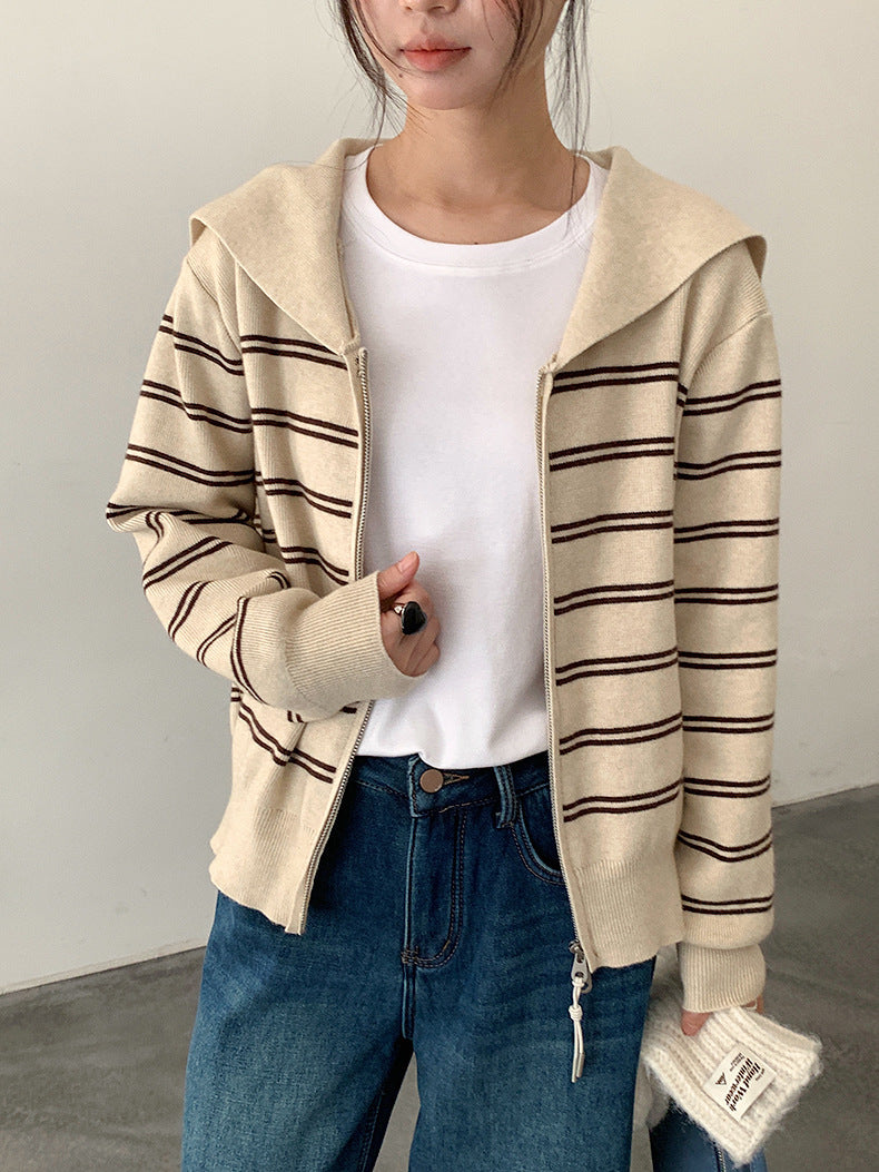 【LD11036】實拍雙頭拉鍊海軍領條紋針織開衫251202