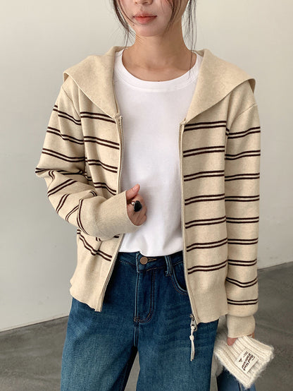 【LD11036】實拍雙頭拉鍊海軍領條紋針織開衫251202