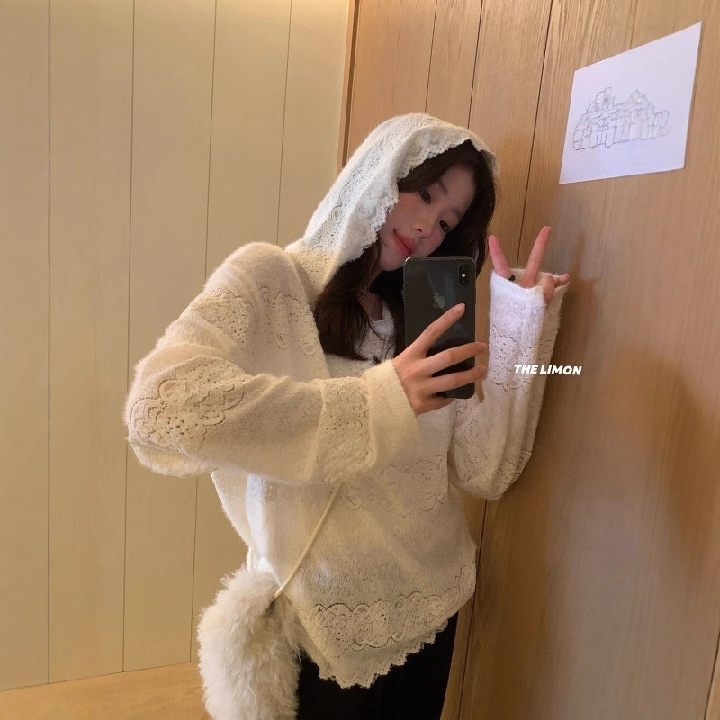 【L9359】實拍檸檬秋冬重工鈎花蕾絲寬鬆連帽蕾絲衫251117