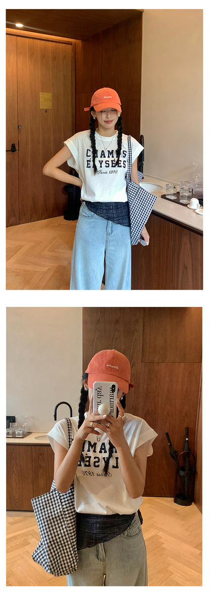 【H5227】實拍夏季時尚休閒｜字母印花圓領棉T恤＋格紋領巾250429