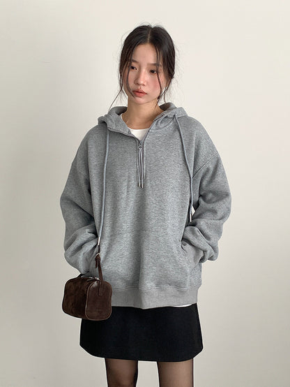 【LD11064】實拍慵懶灰色加絨加厚連帽寬鬆衞衣251209