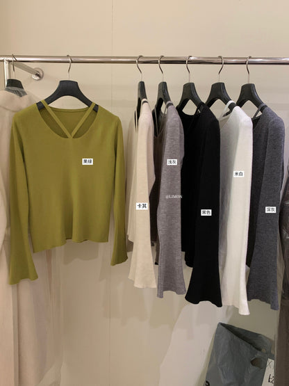 【L8368】實拍檸檬簡約羊毛羊絨喇叭袖長袖針織衫251117