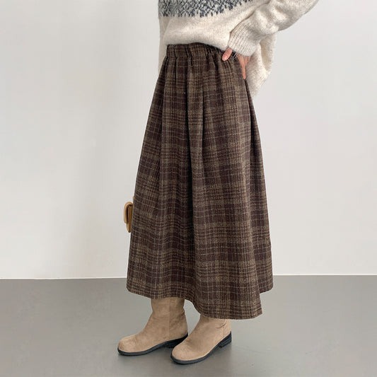 【LD11008】實拍復古毛呢格子高腰a字裙(左右有口袋）251110