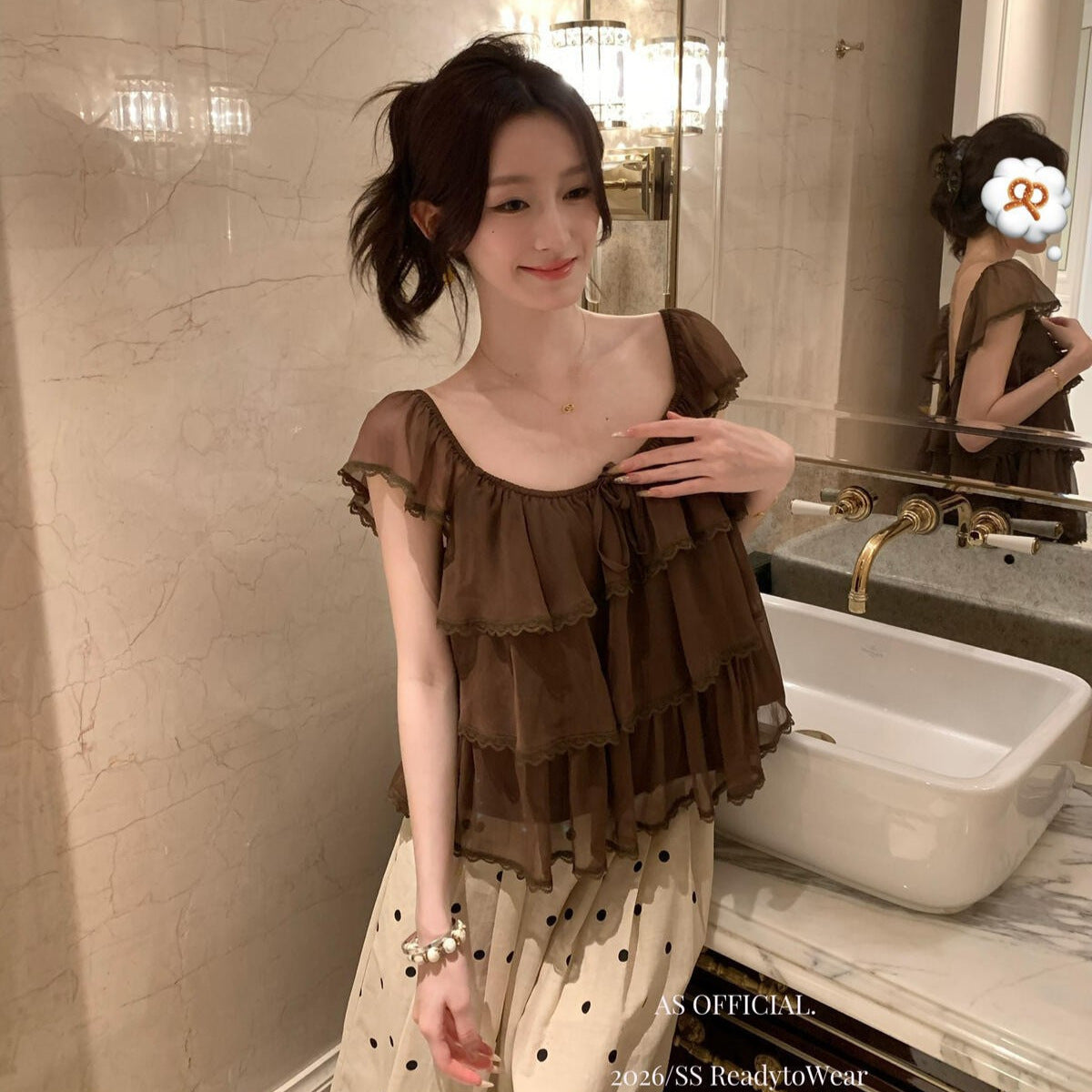 【L28012】法式甜美少女感🎀百搭減齡精緻蕾絲邊飛飛袖短袖上衣260526