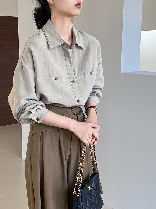 【cim6112】實拍韓國法式氣質天絲亞麻長袖襯衫251030