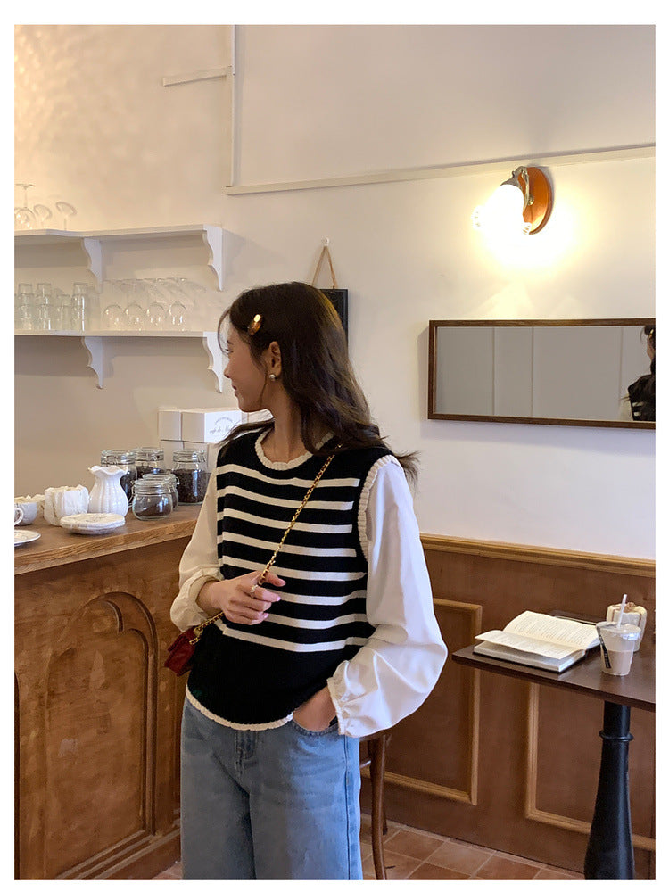 在台現貨【H742】實拍韓國清新氣質設計假兩件上衣