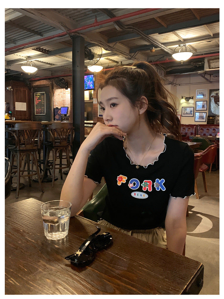 【H6912】實拍韓國波邊彩色字母圖案針織T恤230517