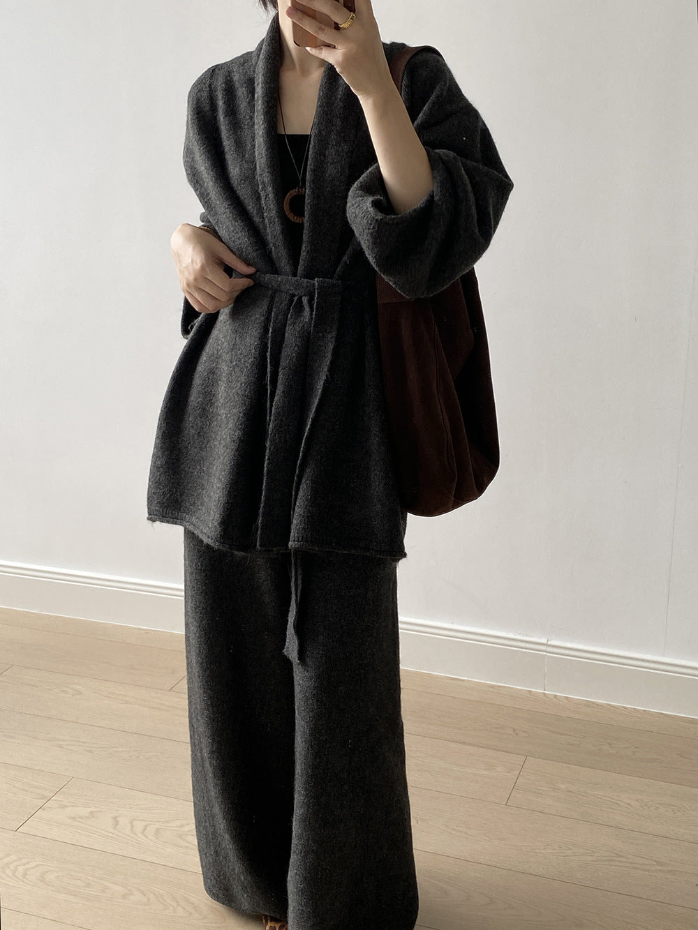 【YP1018】 實拍秋冬高級感慵懶針織開衫＋繫帶＋高腰針織闊腿褲 套裝251023