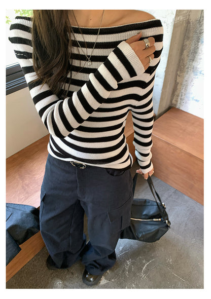 【H5399】實拍韓系簡約氣質一字領露肩針織衫250902