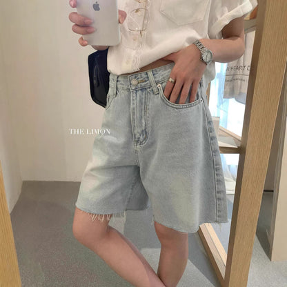 【LHT002】實拍檸檬韓系復古時髦✨淺藍水洗抽鬚寬鬆休閒牛仔五分褲260408